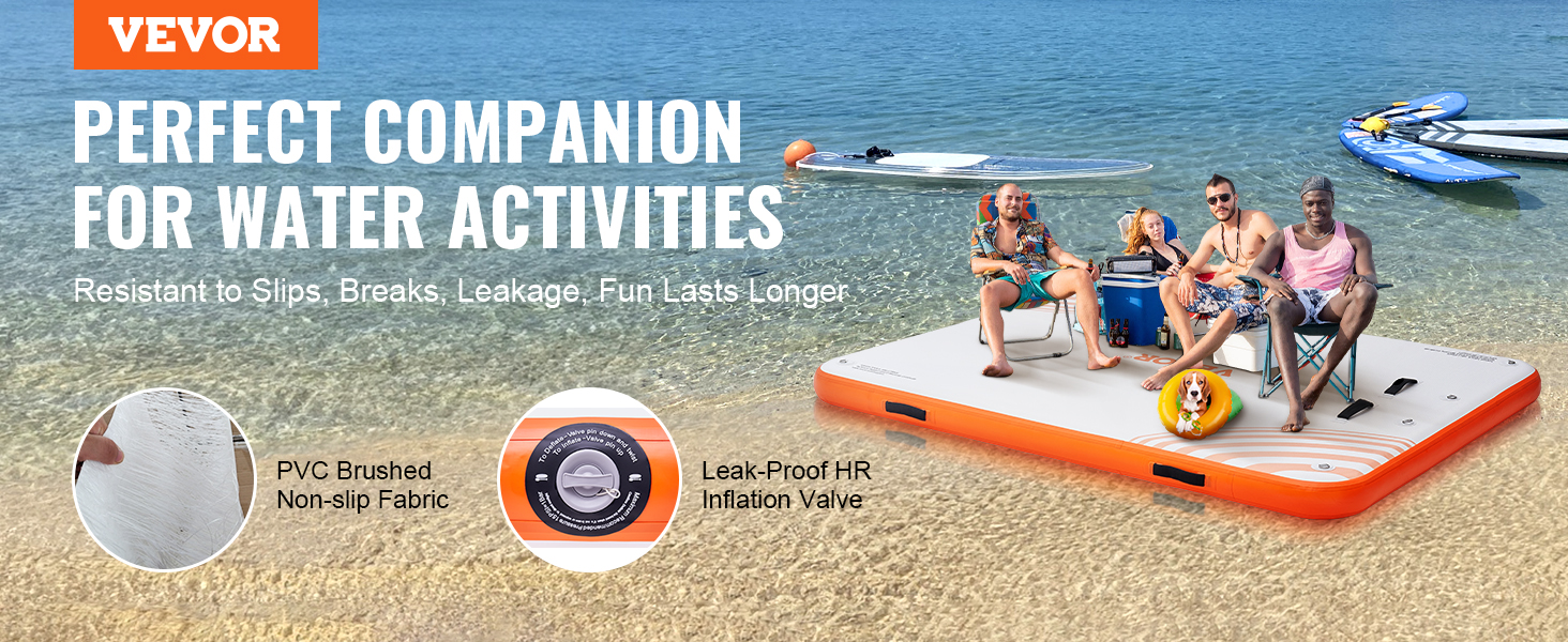 VEVOR inflatable floating dock: durable non-slip fabric, leak-proof valve, perfect for water activities.