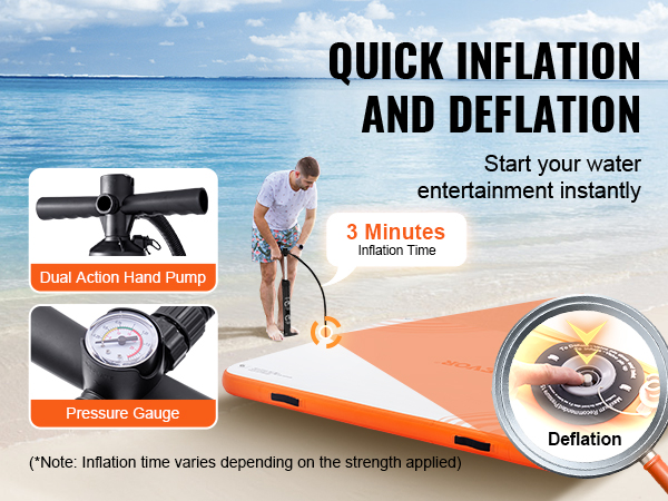 VEVOR inflatable floating dock with quick inflation using dual action hand pump and pressure gauge.