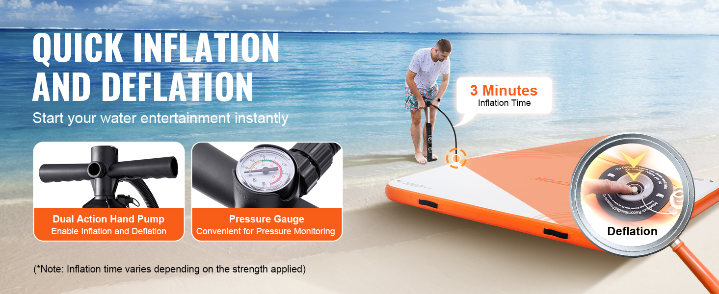 VEVOR inflatable floating dock with quick inflation using dual action hand pump and pressure gauge.