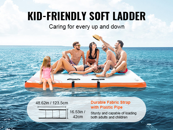 VEVOR inflatable floating dock with kid-friendly soft ladder for easy access, supporting adults and children.