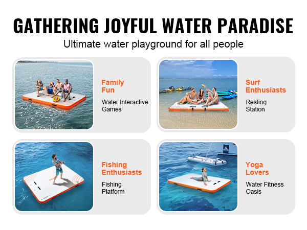 gathering on VEVOR inflatable floating dock: family fun, surfing, fishing, and yoga.