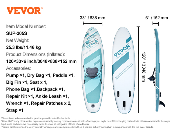VEVOR inflatable paddle board sup-305s, 120x33x6 in, 25.3 lbs, paddle, pump, backpack, accessories included.