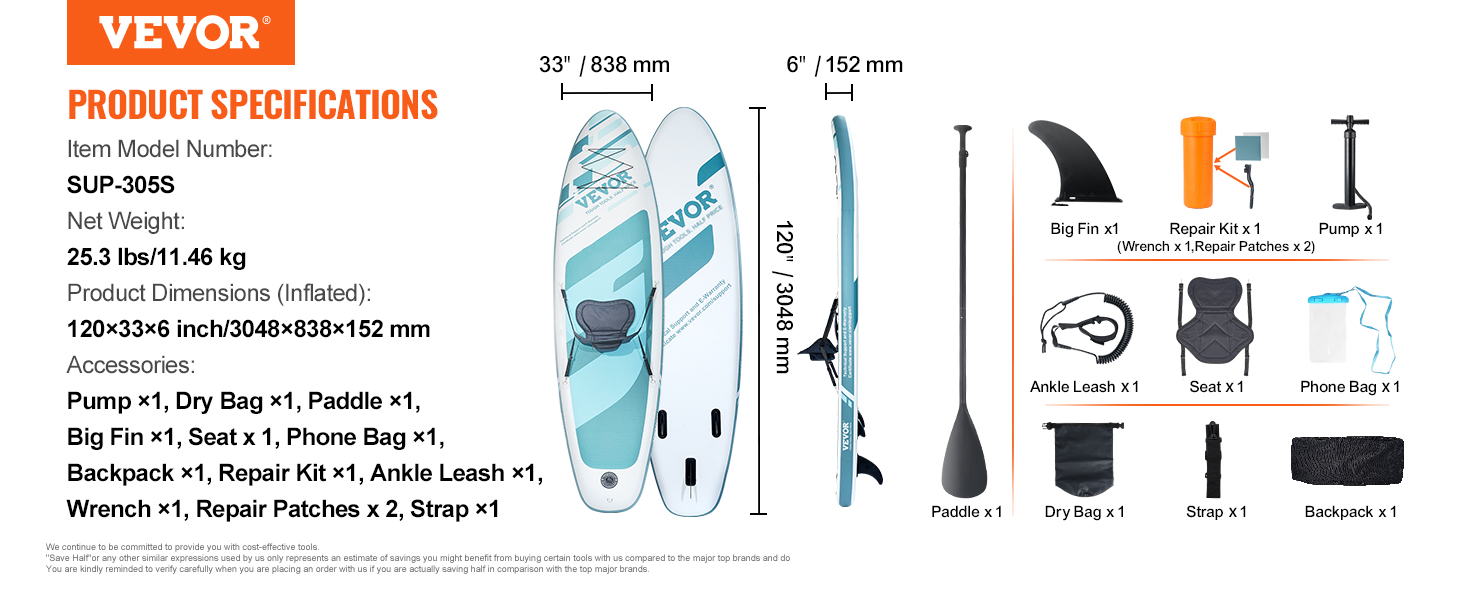 VEVOR inflatable paddle board sup-305s, 120x33x6 in, 25.3 lbs, paddle, pump, backpack, accessories included.