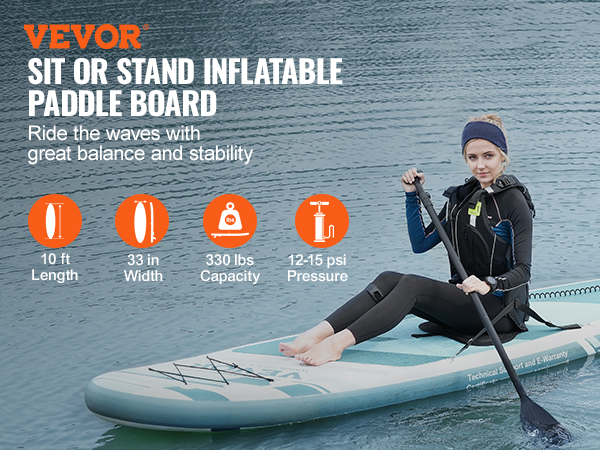 VEVOR inflatable paddle board on water, showcasing features: 10ft length, 33in width, 330lbs capacity.