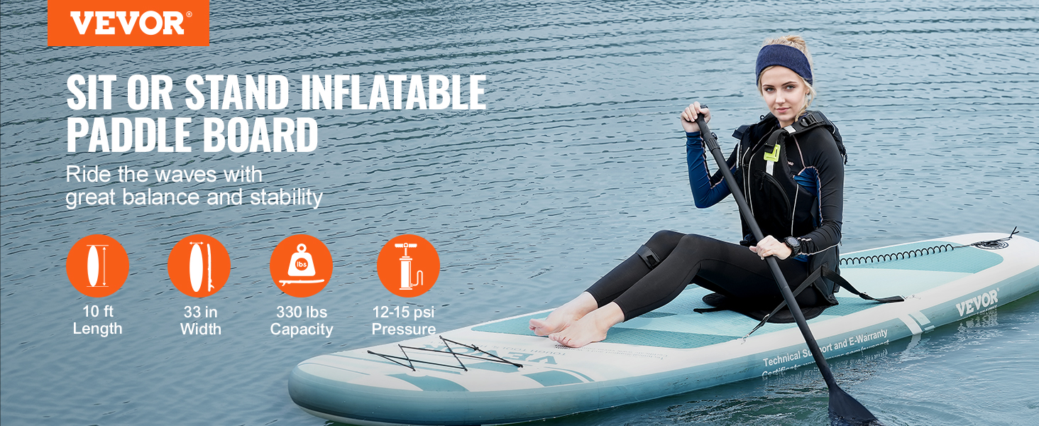 VEVOR inflatable paddle board on water, showcasing features: 10ft length, 33in width, 330lbs capacity.