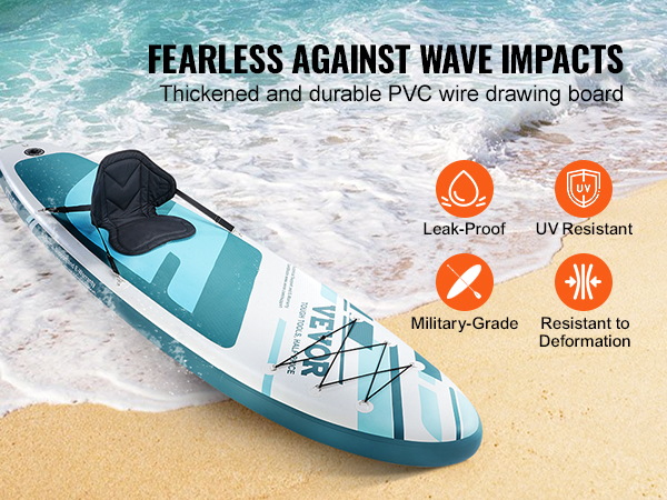 VEVOR inflatable paddle board on beach, highlighting leak-proof, uv resistant, military-grade features.
