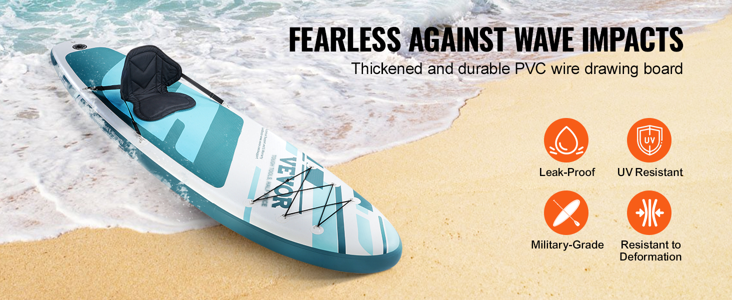 VEVOR inflatable paddle board on beach, highlighting leak-proof, uv resistant, military-grade features.