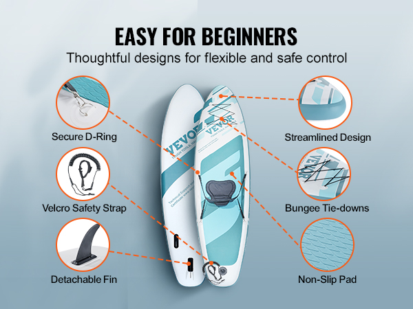 VEVOR inflatable paddle board with secure d-ring, velcro safety strap, detachable fin, and non-slip pad.