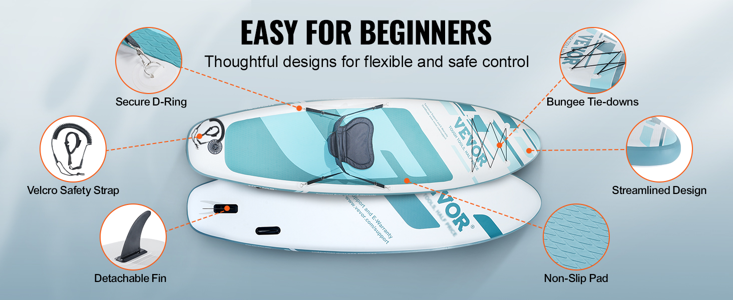 VEVOR inflatable paddle board with secure d-ring, velcro safety strap, detachable fin, and non-slip pad.