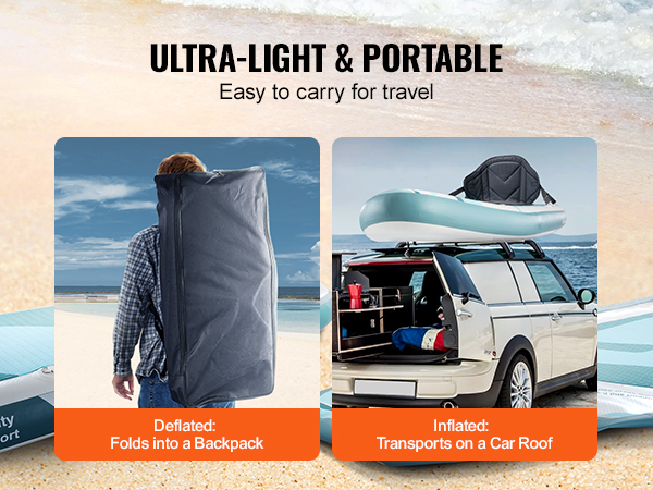 VEVOR inflatable paddle board: lightweight, folds into a backpack, and easy roof transport. perfect for travel.