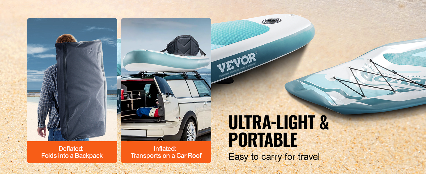 VEVOR inflatable paddle board: lightweight, folds into a backpack, and easy roof transport. perfect for travel.