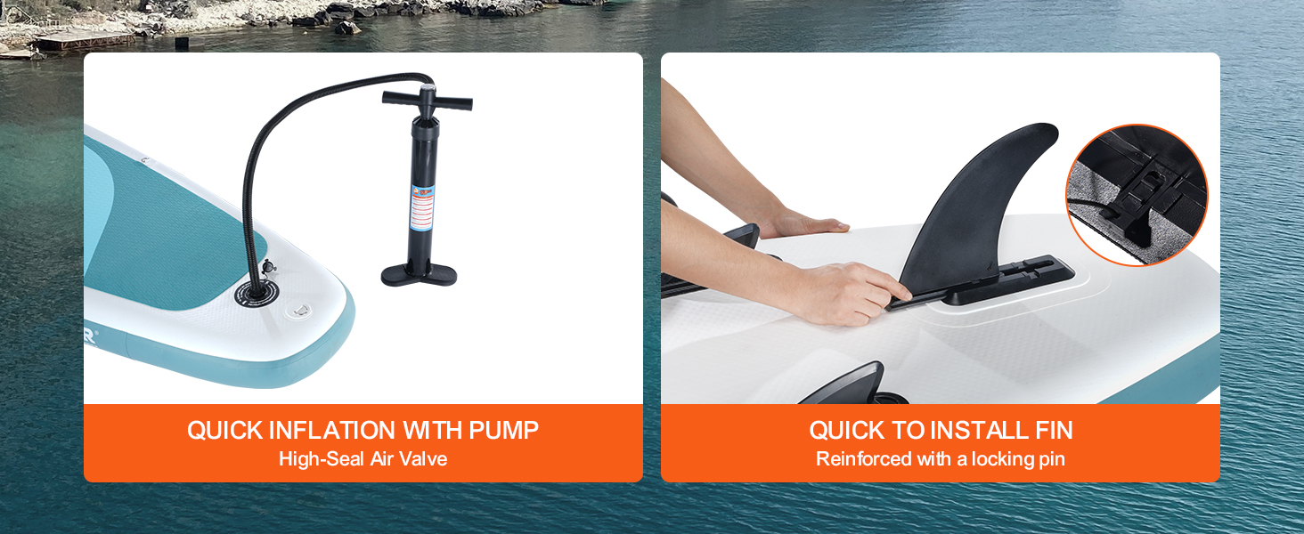 VEVOR inflatable paddle board with quick inflation pump and easy-to-install fin with locking pin.