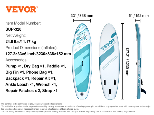 VEVOR inflatable paddle board sup-320 with accessories: pump, paddle, big fin, repair kit, leash, bag.