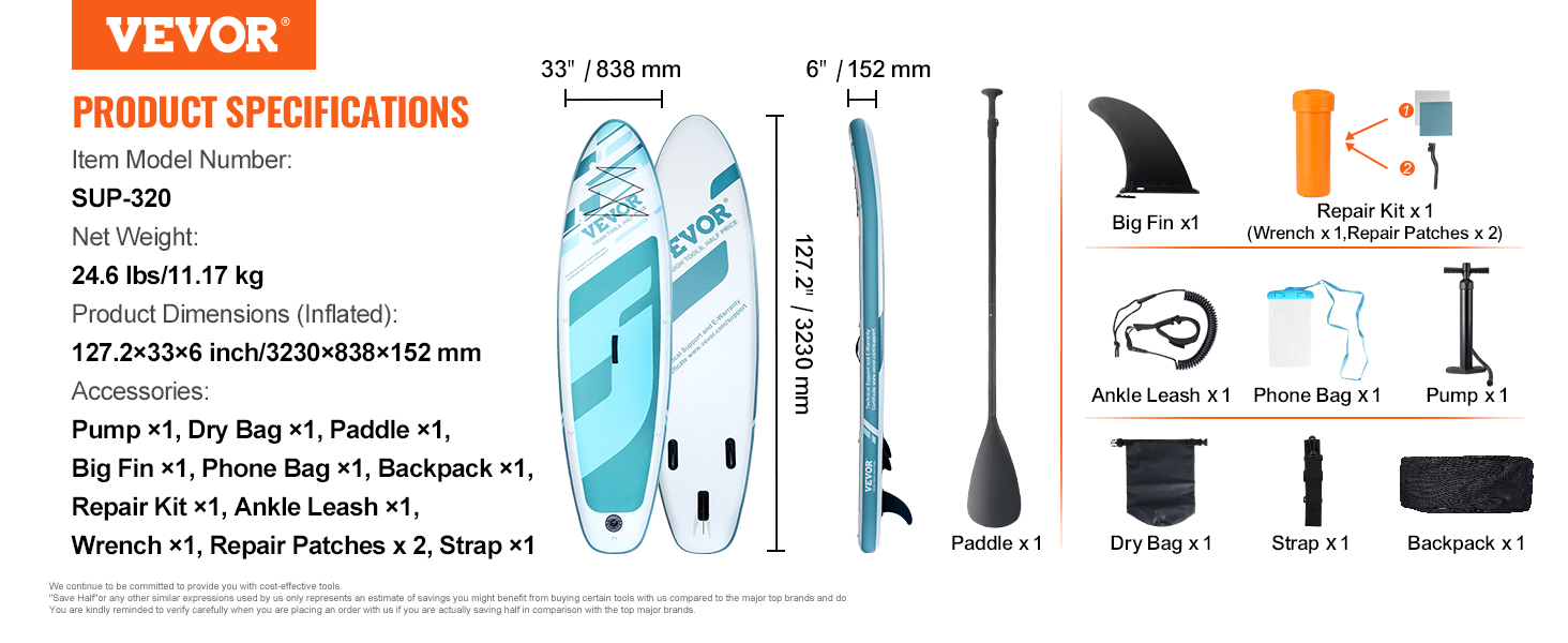 VEVOR inflatable paddle board sup-320 with accessories: pump, paddle, big fin, repair kit, leash, bag.