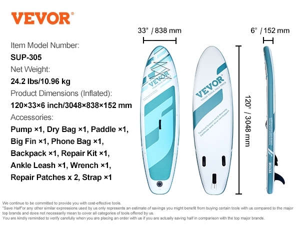 VEVOR inflatable stand up paddle board specifications and accessories set.