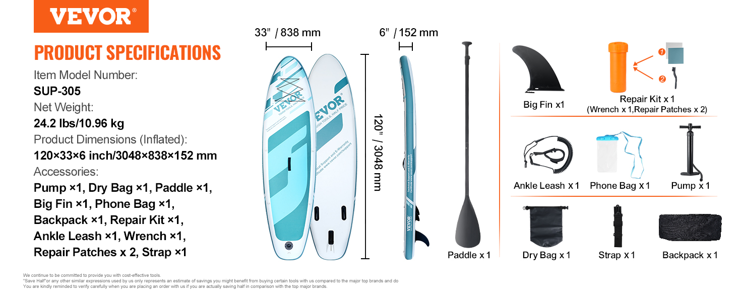 VEVOR inflatable stand up paddle board specifications and accessories set.