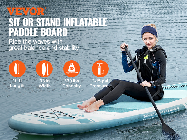 VEVOR inflatable stand up paddle board, 10 ft length, 33 in width, 330 lbs capacity, 12-15 psi pressure.