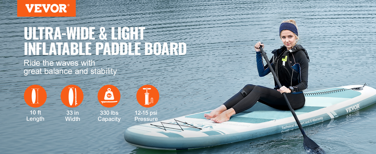 VEVOR inflatable stand up paddle board, 10 ft length, 33 in width, 330 lbs capacity, 12-15 psi pressure.