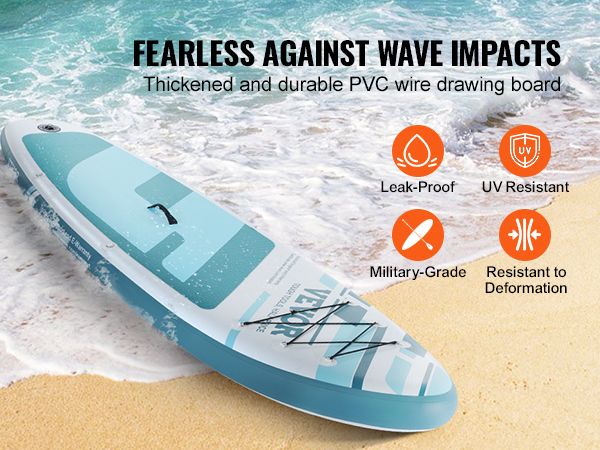 VEVOR inflatable stand up paddle board on beach, showcasing leak-proof, uv resistance, and durability.