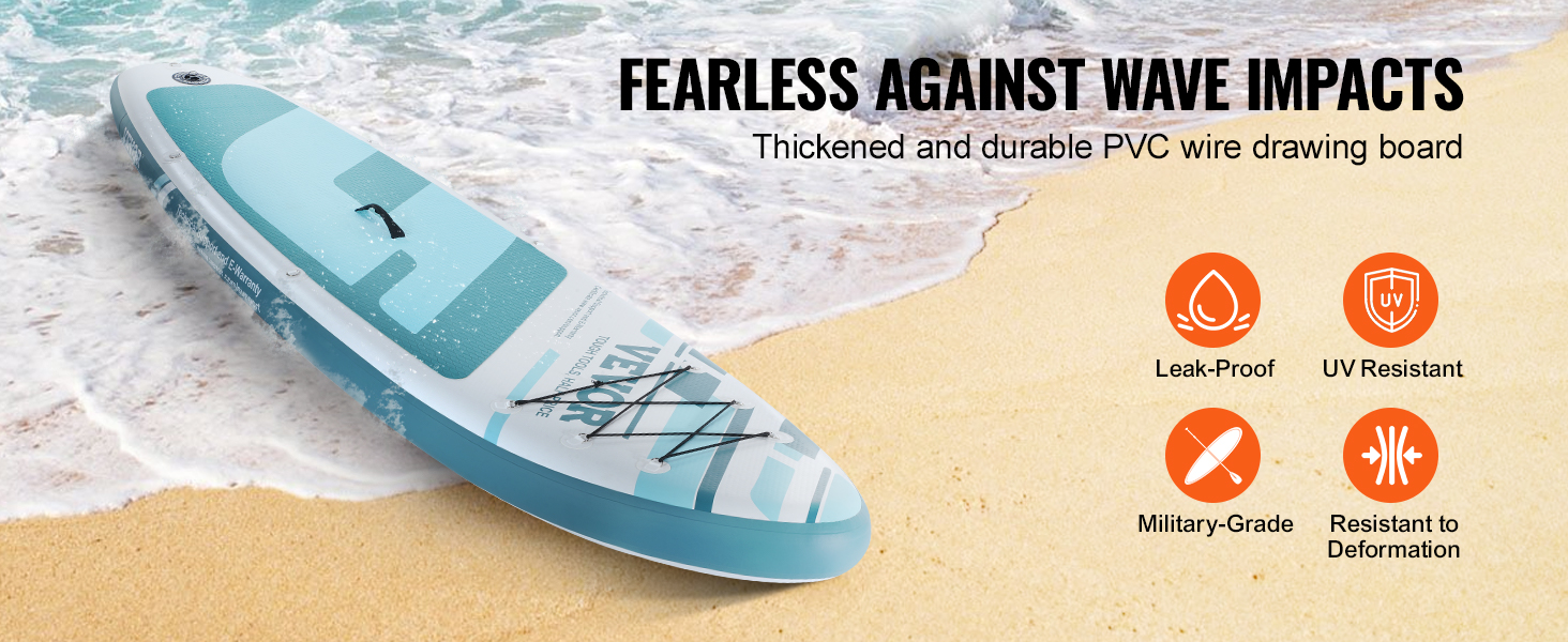 VEVOR inflatable stand up paddle board on beach, showcasing leak-proof, uv resistance, and durability.