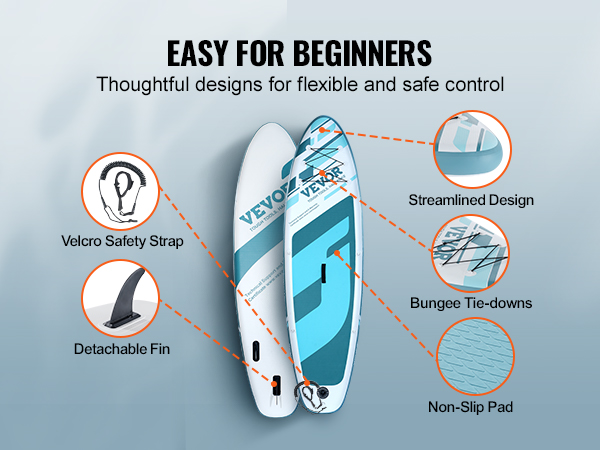 VEVOR inflatable stand up paddle board features non-slip pad, detachable fin, and bungee tie-downs.