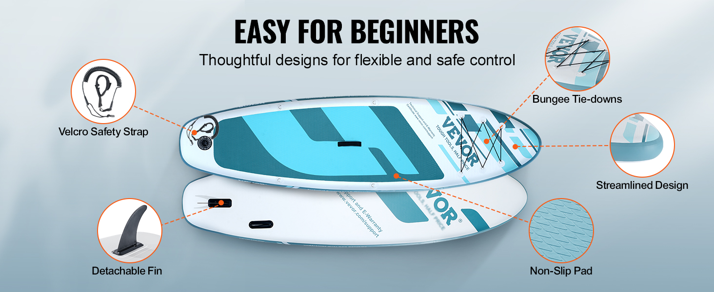 VEVOR inflatable stand up paddle board features non-slip pad, detachable fin, and bungee tie-downs.