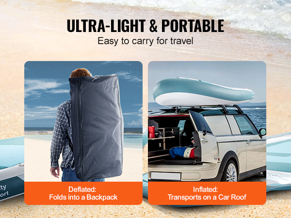 VEVOR inflatable stand up paddle board, lightweight, folds into a backpack, easy car roof transport.