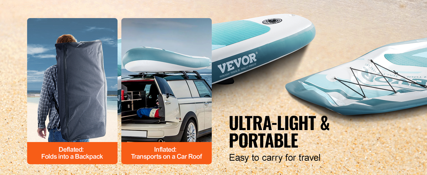 VEVOR inflatable stand up paddle board, lightweight, folds into a backpack, easy car roof transport.