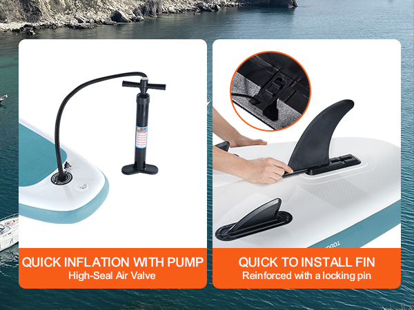 quick inflation of VEVOR inflatable stand up paddle board with pump and install fin with locking pin.