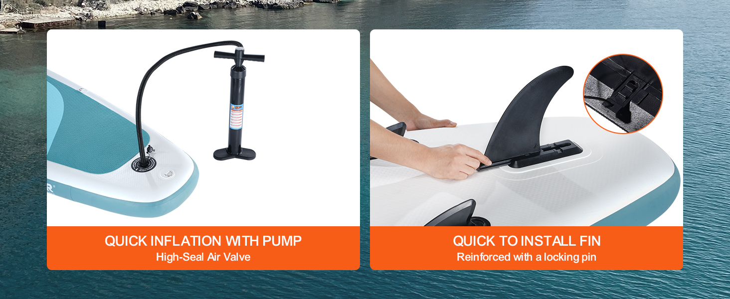 quick inflation of VEVOR inflatable stand up paddle board with pump and install fin with locking pin.
