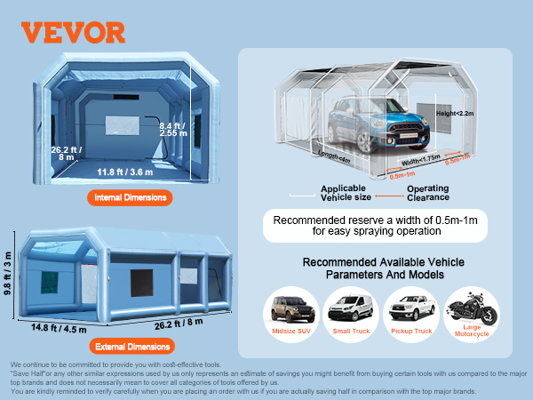 VEVOR inflatable paint booth with internal dimensions for various vehicle sizes and operating clearances.