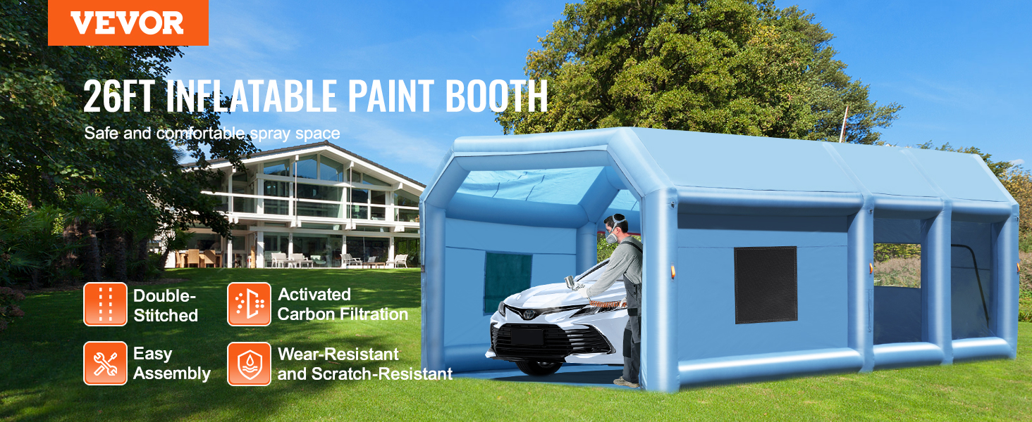 VEVOR inflatable paint booth with activated carbon filtration, easy assembly, and scratch-resistant material.