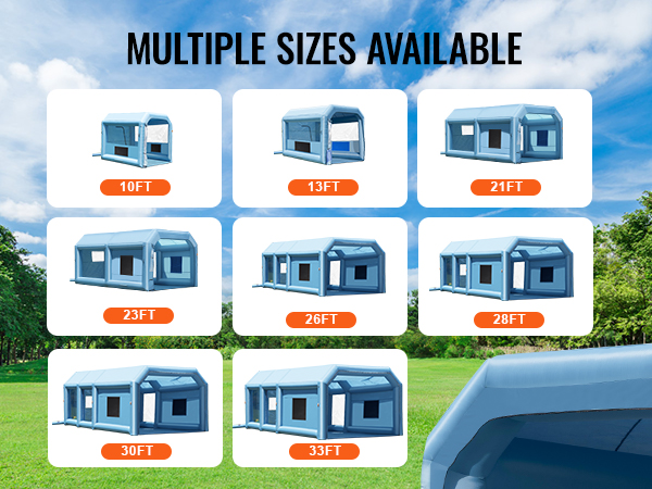 VEVOR inflatable paint booth in various sizes from 10ft to 33ft, displayed outdoors.