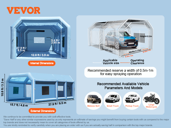 VEVOR inflatable paint booth for midsize suv, small truck, pickup truck, and large motorcycle.