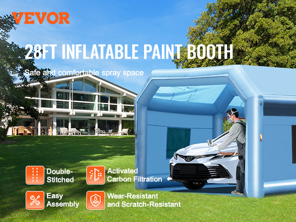 VEVOR inflatable paint booth 28ft with double-stitched walls, carbon filtration, easy assembly, wear-resistant.