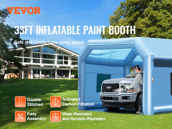 VEVOR inflatable paint booth, 33ft, blue with double-stitched seams, activated carbon filtration, easy assembly, wear-resistant.