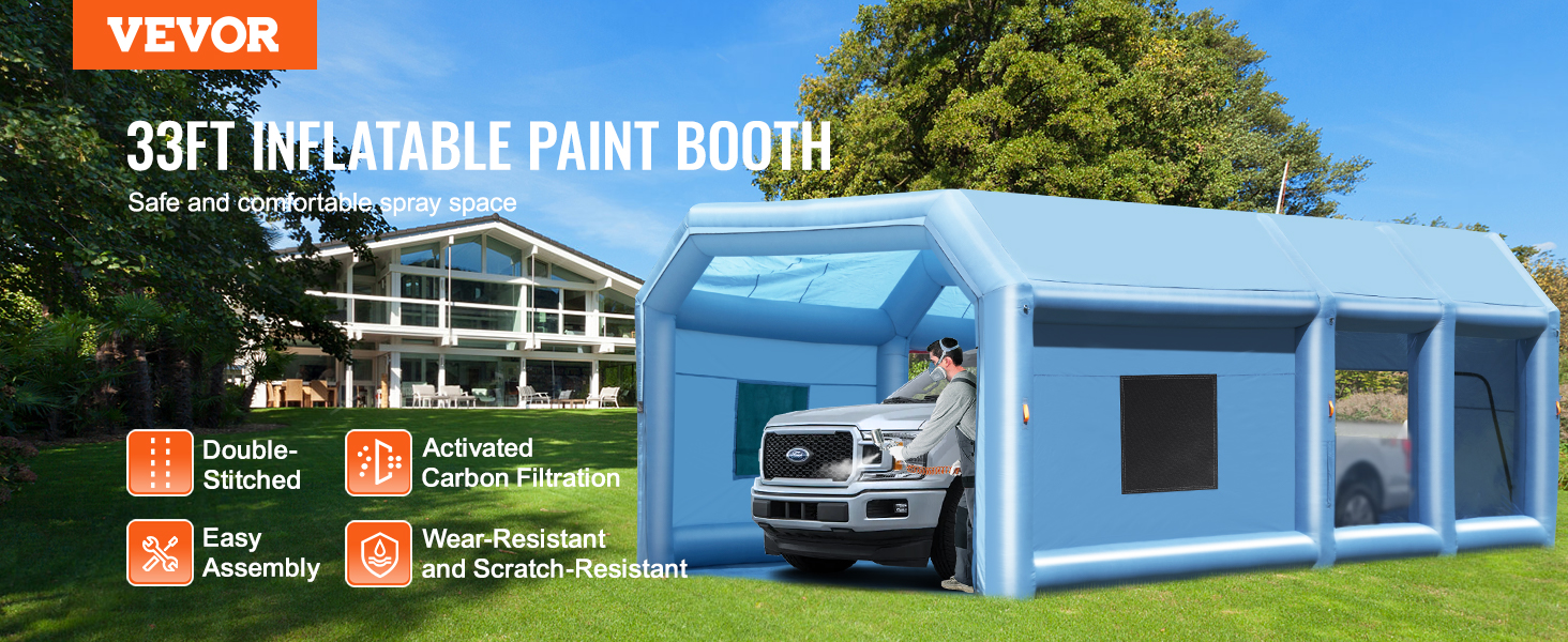 VEVOR inflatable paint booth, 33ft, blue with double-stitched seams, activated carbon filtration, easy assembly, wear-resistant.