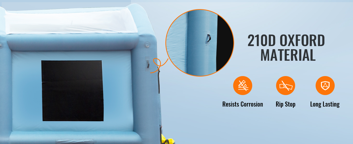 VEVOR inflatable paint booth with 210d oxford material, resists corrosion, rip stop, long lasting.