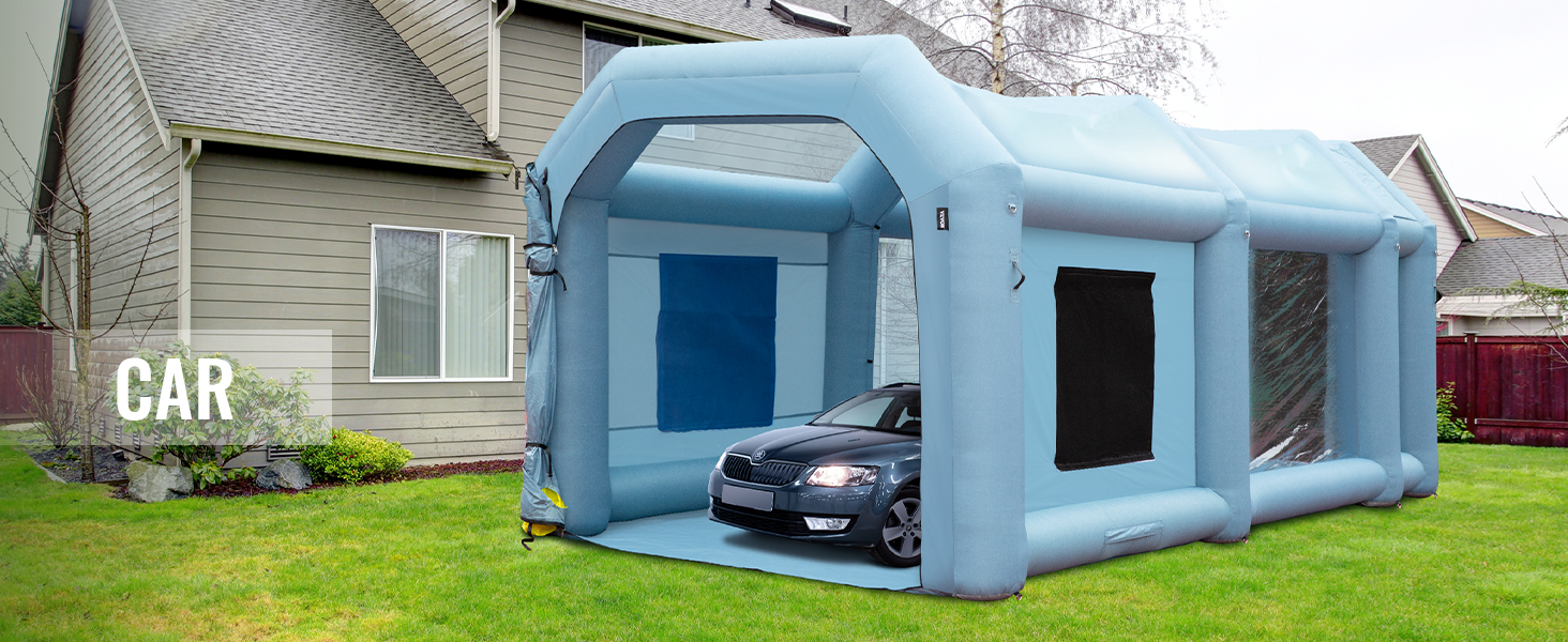 VEVOR inflatable paint booth set up in a backyard, enclosing a car inside.