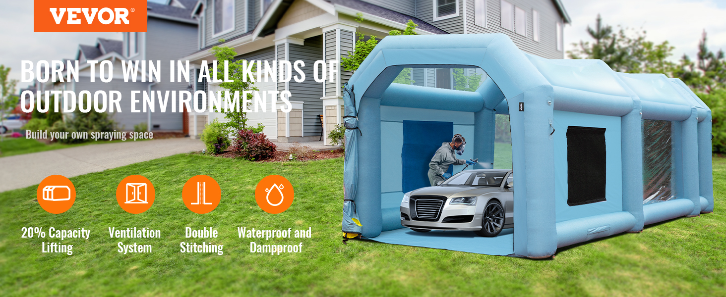 VEVOR inflatable paint booth for outdoor car spraying, featuring ventilation, double stitching, and waterproofing.