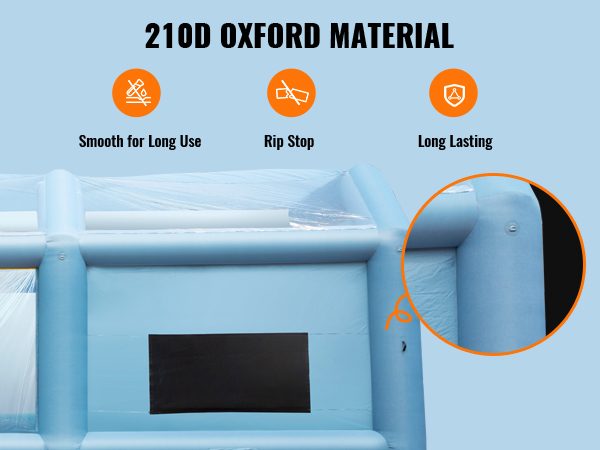 VEVOR inflatable paint booth made of 210d oxford material, resists corrosion, rip-stop, and long-lasting.