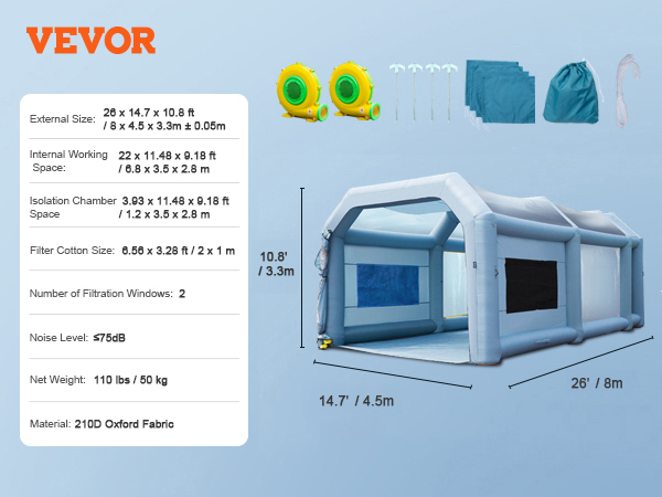 VEVOR inflatable paint booth with 210d oxford fabric, dimensions 26x14.7x10.8 ft, includes accessories.