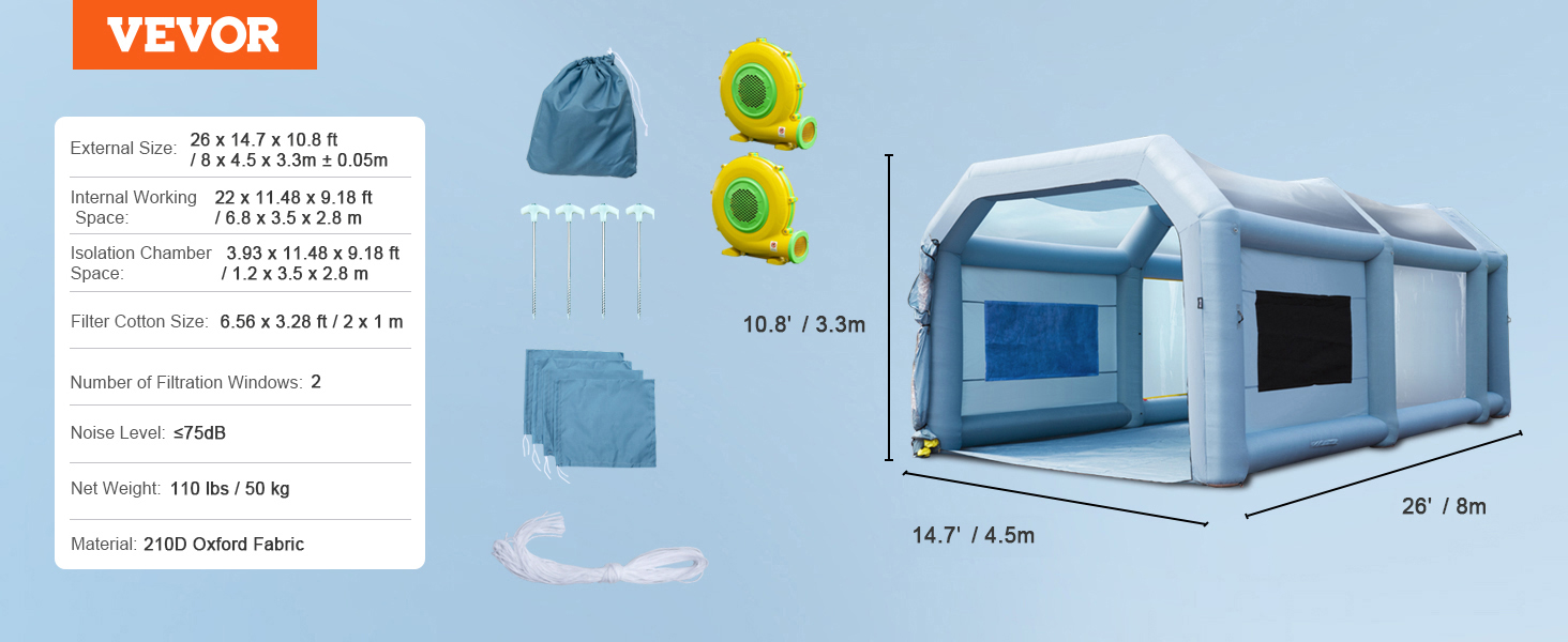 VEVOR inflatable paint booth with 210d oxford fabric, dimensions 26x14.7x10.8 ft, includes accessories.