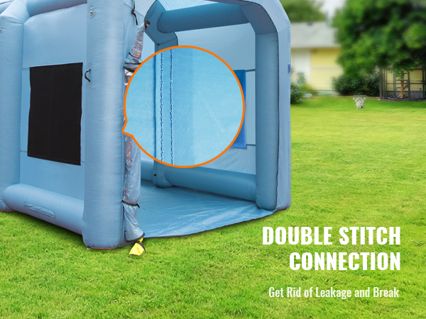 VEVOR inflatable paint booth with double stitch connection, outdoor view, and anti-leak materials.