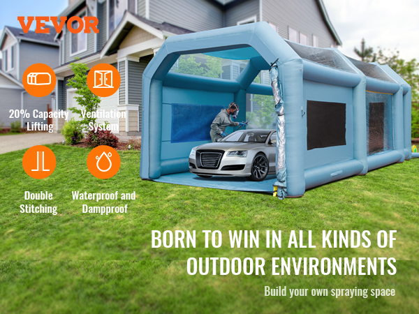 VEVOR inflatable paint booth in a residential outdoor setting with ventilation system and waterproof features.