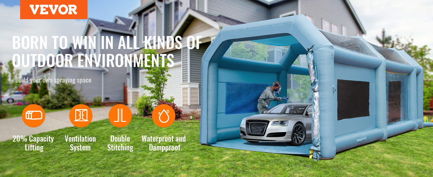 VEVOR inflatable paint booth in a residential outdoor setting with ventilation system and waterproof features.