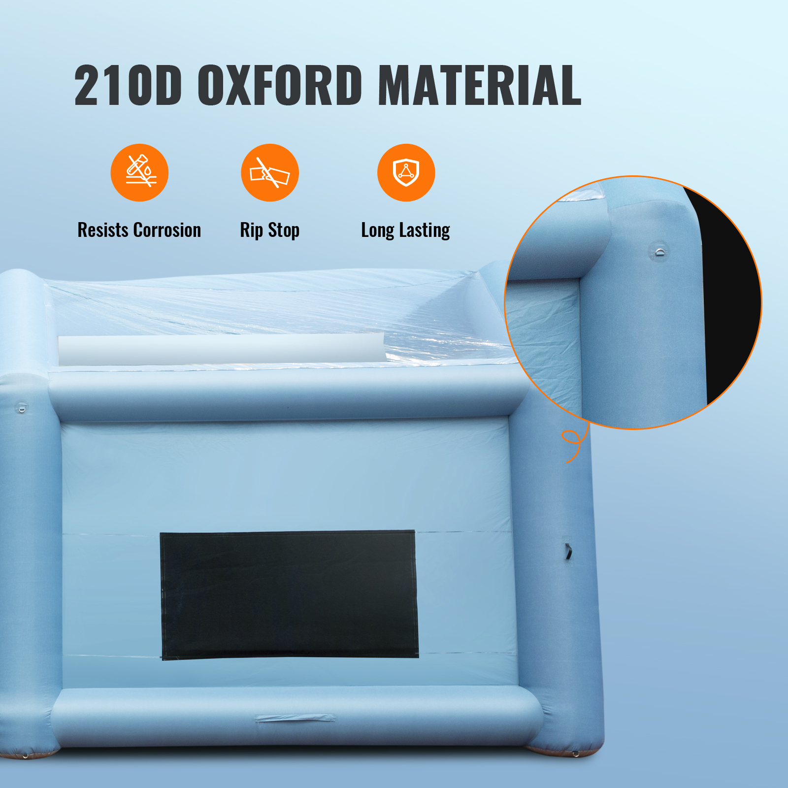 VEVOR inflatable paint booth made with 210d oxford material, resists corrosion, rip stop, long lasting.