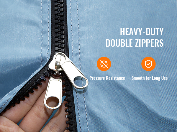 heavy-duty double zippers on a blue VEVOR inflatable paint booth, pressure resistant and smooth for long use.