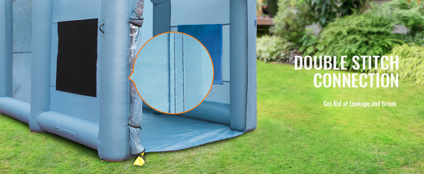 VEVOR inflatable paint booth with double stitch connection to prevent leakage and breakage in a garden.