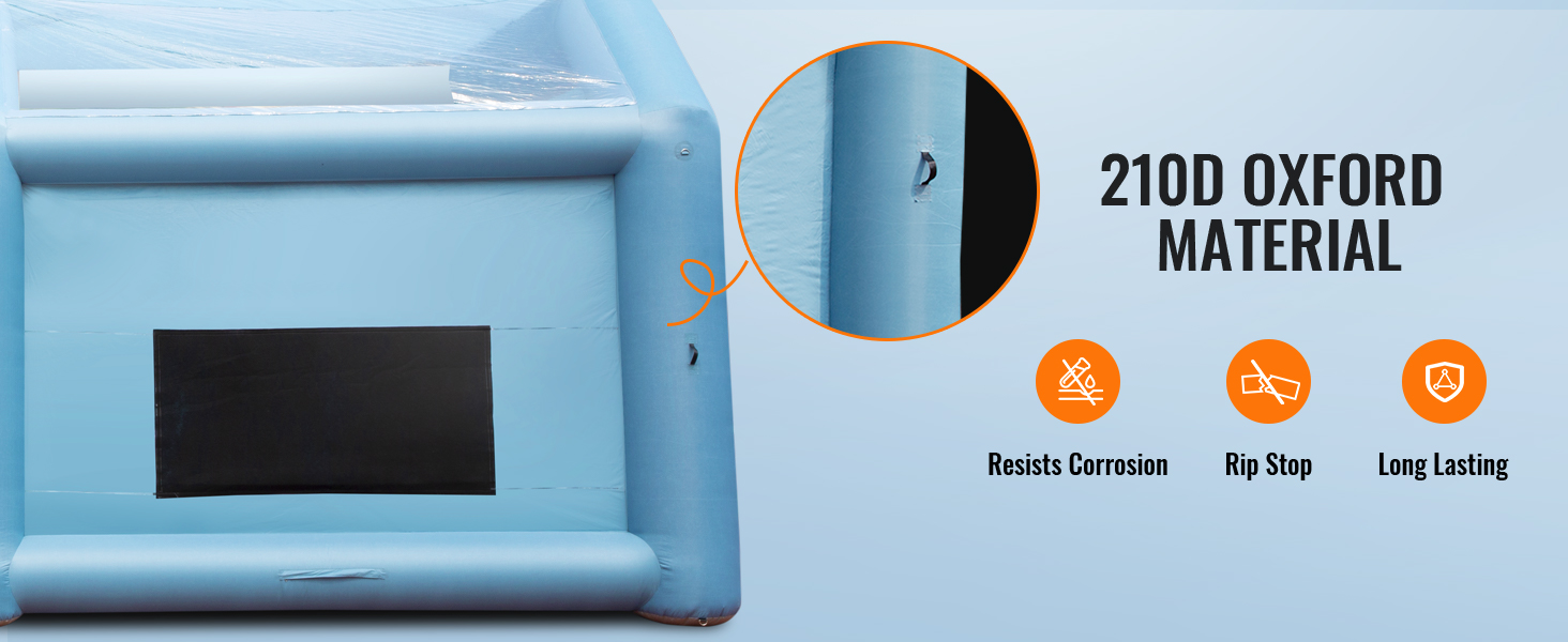 VEVOR inflatable paint booth made of 210d oxford material; resists corrosion, rip stop, long lasting.